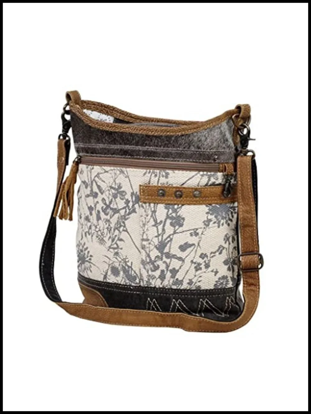 Canvas Floral Purse with Genuine Leather Accents, Shoulder Bag